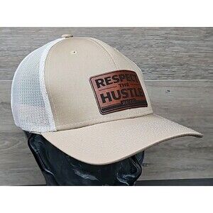 RESPECT THE HUSTLE RF CO. Trucker Hat Cap Beige/White Leather Patch